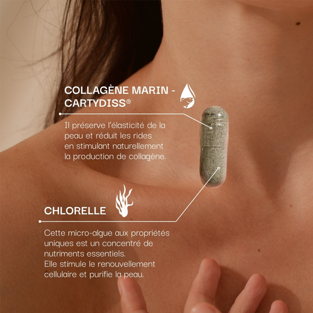 Ingrédients et bienfaits du complément alimentaires Collagène Booster (Collagène Marin - Cartydiss / Chlorelle)