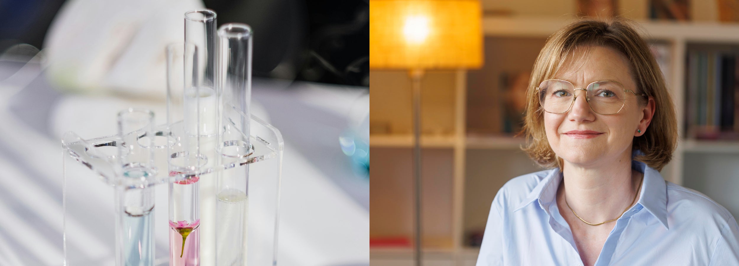A gauche, des tubes à essai et à droite Sabrina la fondatrice de la marque Ysalie Beauté
