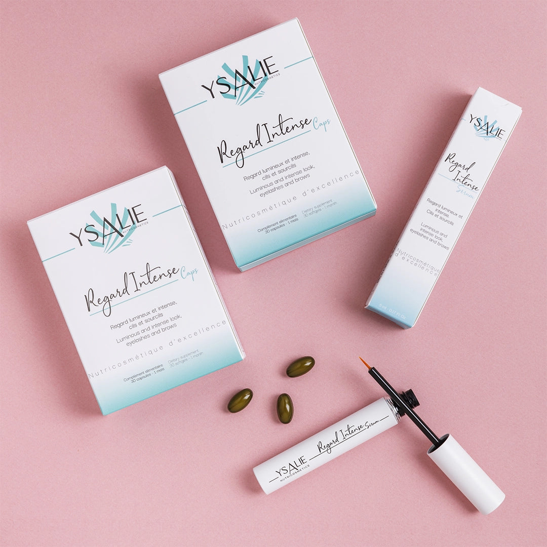 Pack duo Regard Intense sur fond rose, conçu pour allonger et densifier les cils et les sourcils